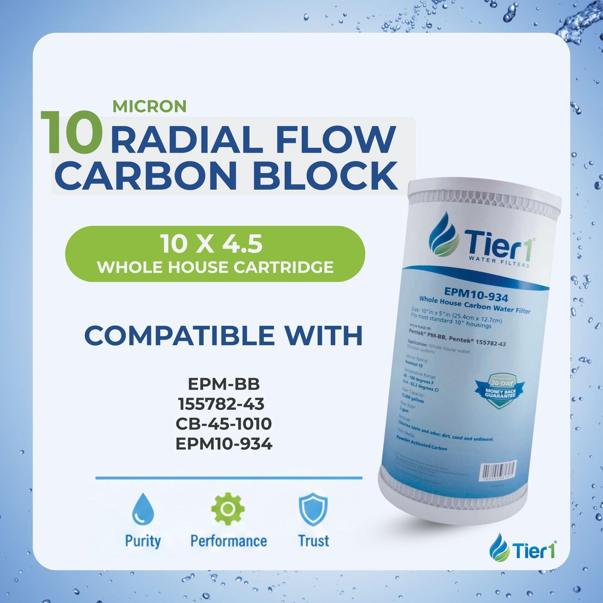 Tier1 10 Micron 10 Inch x 4.5 Inch | 12-Pack Whole House Carbon Block Water Filter Replacement Cartridge | Compatible with Pentek EPM-BB, 155782-43, CB-45-1010, EPM10-934, Home Water Filter