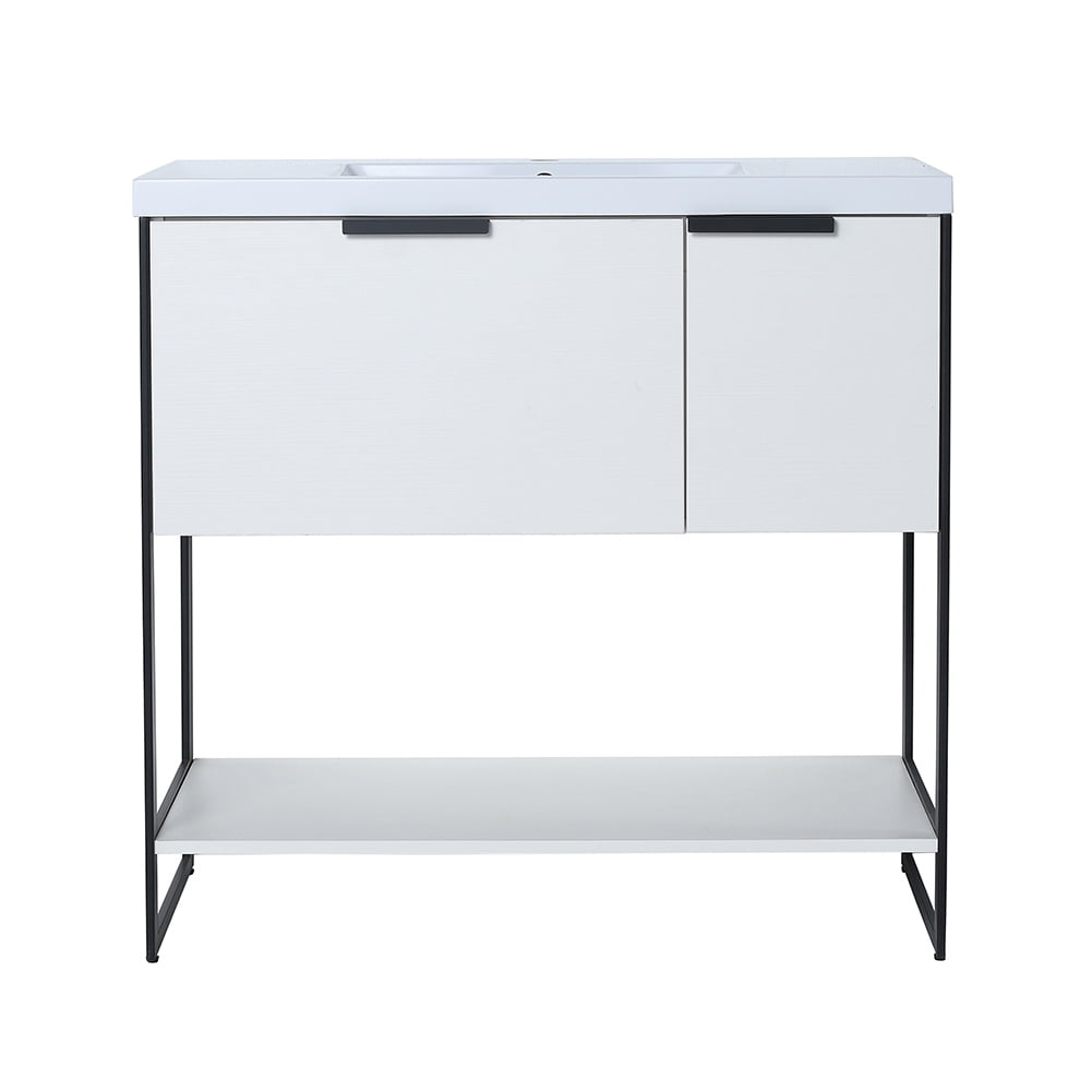 Kepooman 35" Modern Floating Bathroom Vanity, Free Standing Cabinet with Doors and Drawer, White Straight Grain