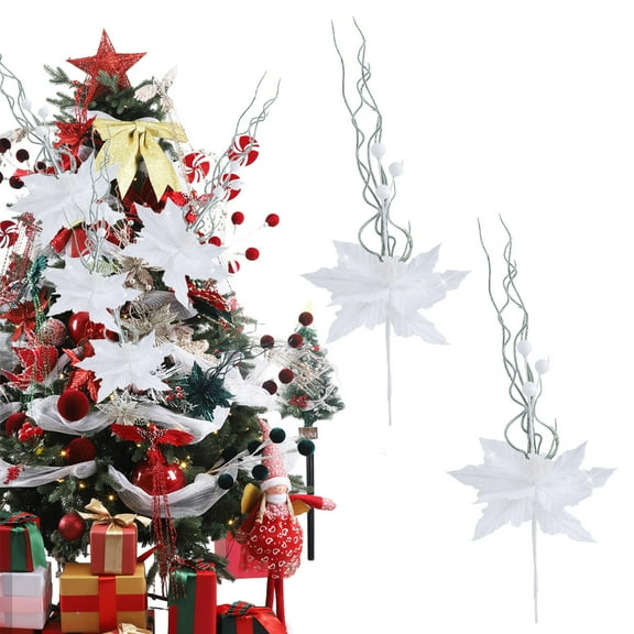 2Pcs 16.93 Inch Christmas Artificial Glitter Berry Stem Ornaments with Poinsettia Flower, Xmas Glitter Poinsettia Flowers Picks for Christmas Tree Vase Holiday Party Home Decor