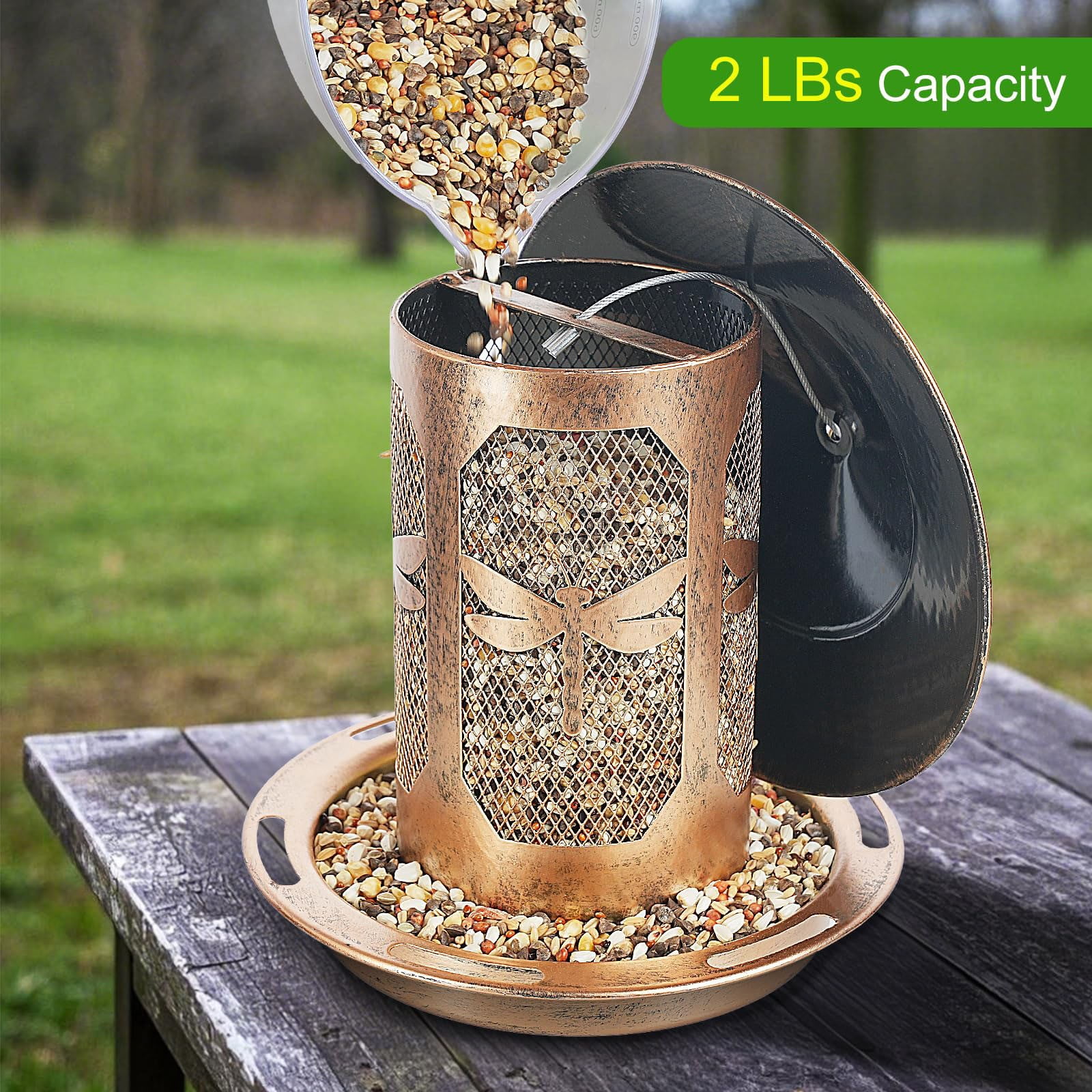 ERTZAE Metal Squirrel-Proof Hanging Bird Feeder,Outdoor Hanging Bird Feeder,2Lbs Capacity Wild Bird Feeder,Pattern Garden Drainage-Tray Bird Seed Feeder,Easy-Clean Stainless Steel Bird Feeder B