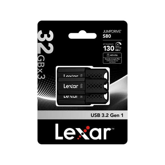 Lexar JumpDrive S80 32GB USB 3.2 Type-A Flash Drive Black 3/Pack (LJDS080032G-BNBNU3)