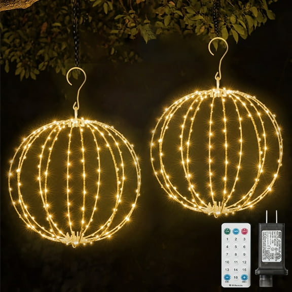 2 Pack 12INCH Outdoor/Indoor LED Christmas Light Ball,Foldable Metal Sphere Lights, Connectable Waterproof 16 Modes with Timer, Hanging Tree Globe Lights for Holiday Christmas Decorations (YELLOW)