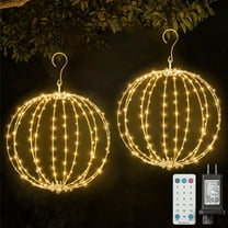 2 Pack 12INCH Outdoor/Indoor LED Christmas Light Ball,Foldable Metal Sphere Lights, Connectable Waterproof 16 Modes with Timer, Hanging Tree Globe Lights for Holiday Christmas Decorations (YELLOW)