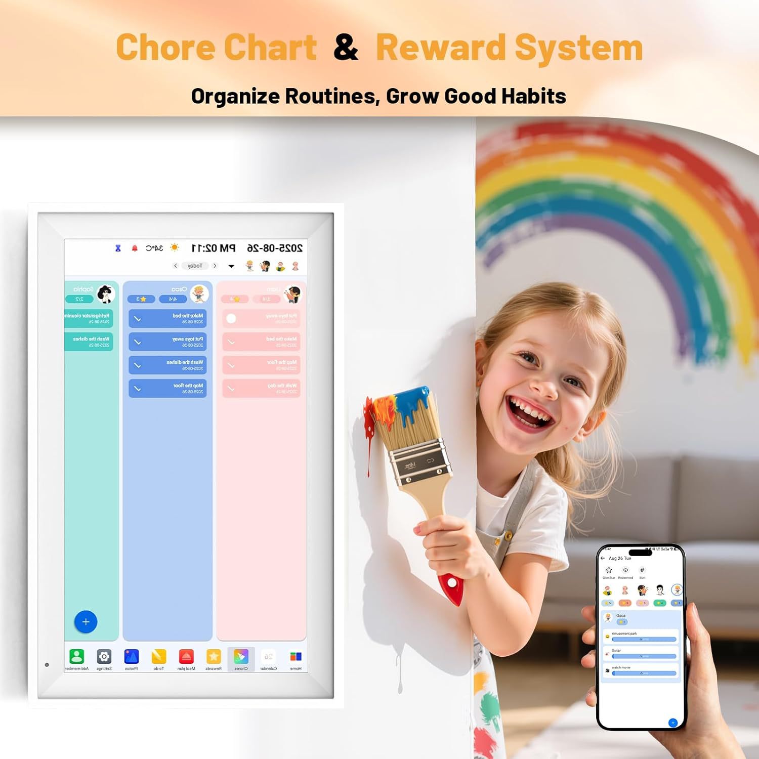 BekinTek 10.1 Inch Digital Calendar & Smart Chore Chart, 1080P Touchscreen Family Schedule Planner with 32GB WiFi, Meal Planner, Wall & Desk Mount