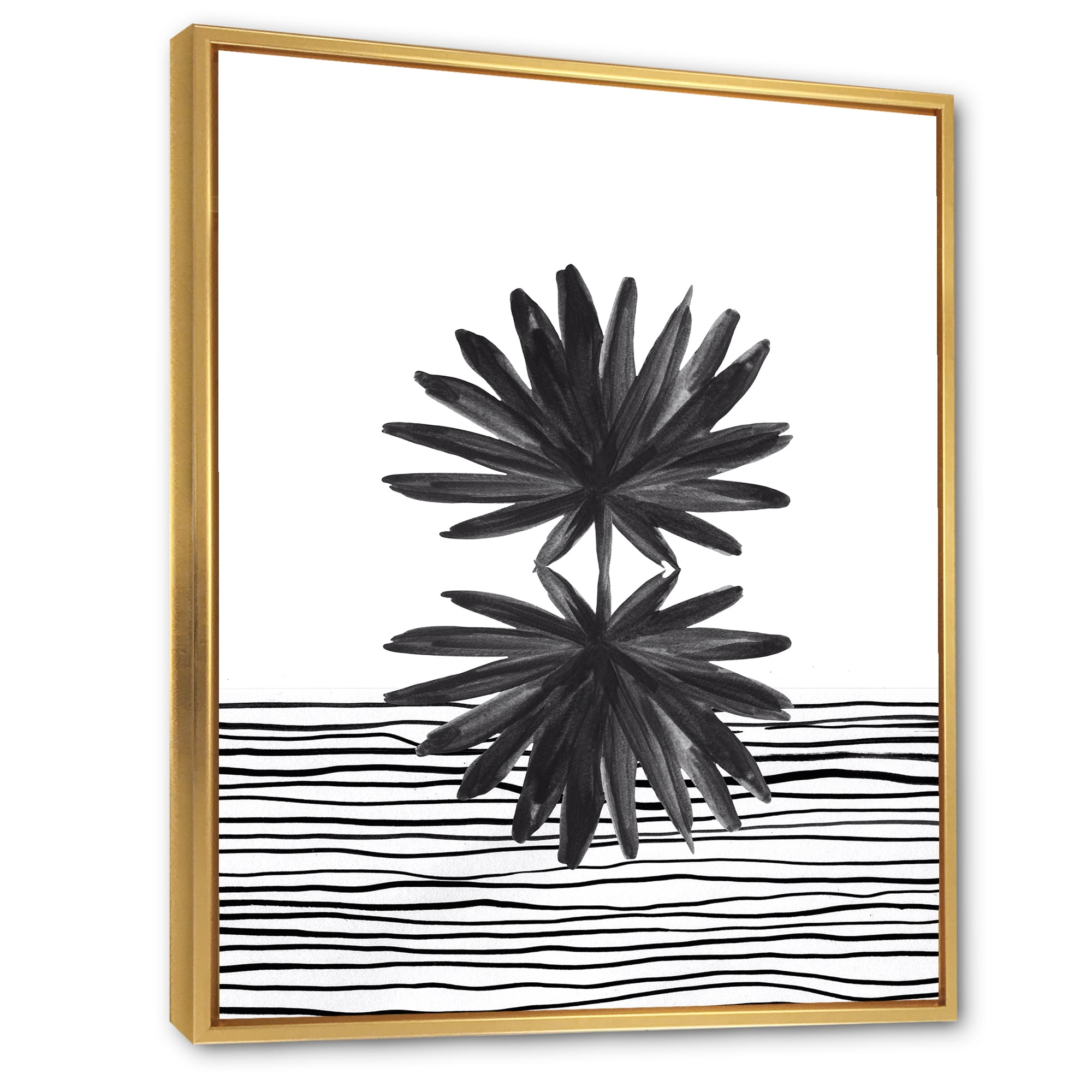 Designart 'Black and White Striped Under Tropical Leaf II' Modern Framed Canvas Wall Art Print
