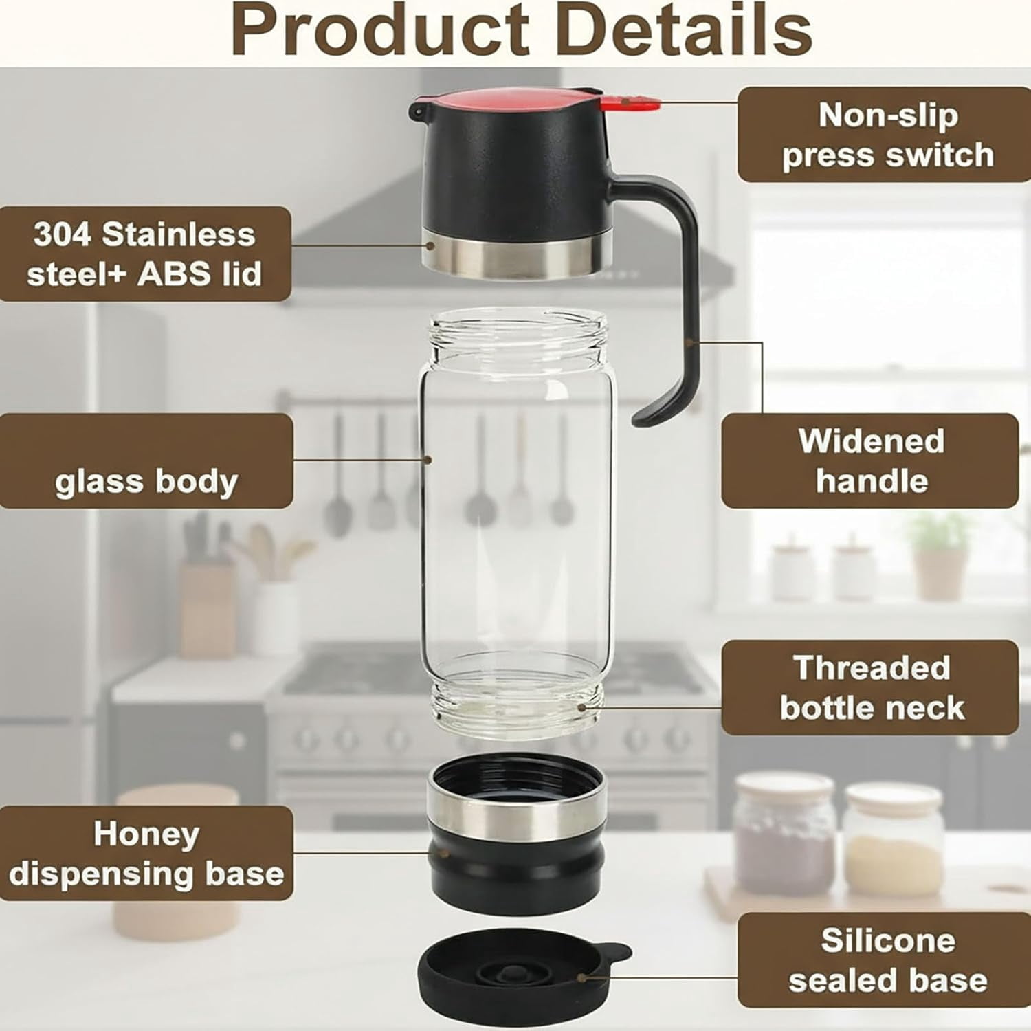 Honey Dispenser No Drip, Glass Honey Dispenser with Stand and Handle, Refillable Honey Jar Syrup Dispenser for Honey, Maple Syrup, Coffee, Tea, Pancakes, Mess-Free Kitchen Honey Container (300ML)M