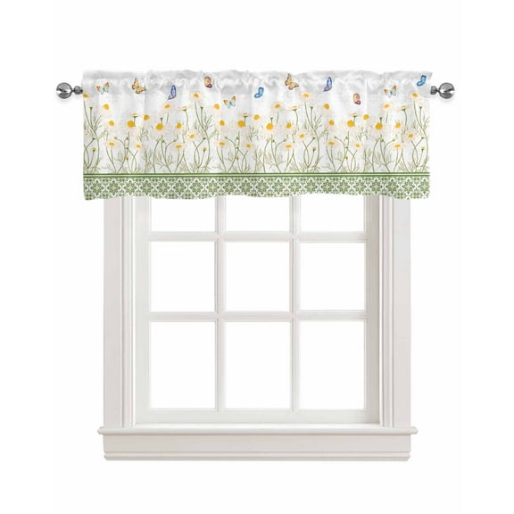 Daisy Floral Linen Curtain Valance for Bedroom/Bathroom/Kitchen/Office/Living/Dining Room Window,Botanical Watercolor Green Spring Summer Pocket Topper Drapes Decorative Cafe Drapery Panel 60"x18"
