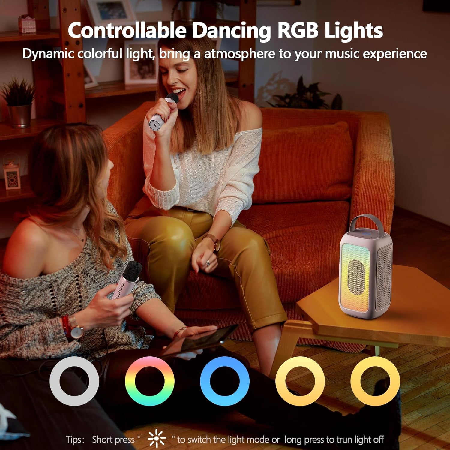 Bobtot Portable Bluetooth Speaker RGB Music Sync Ambient Light Portable Home Family Karaoke With Microphone Magic Voice,Deep Bass,Supports AUX,USB,FM Indoor Outdoor Party Singing Player（White）