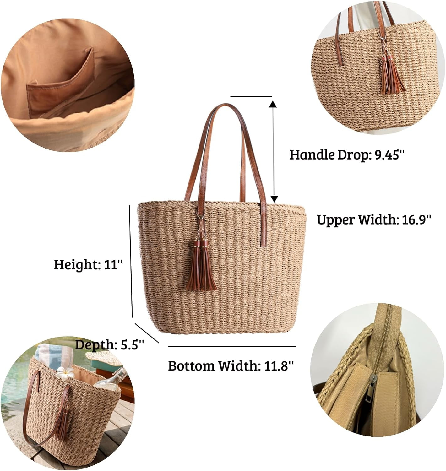 CAILDANL Straw Bags For Women | M Size Travel Straw Totes Bag Woven Summer Handmade Shoulder Bag Handbag