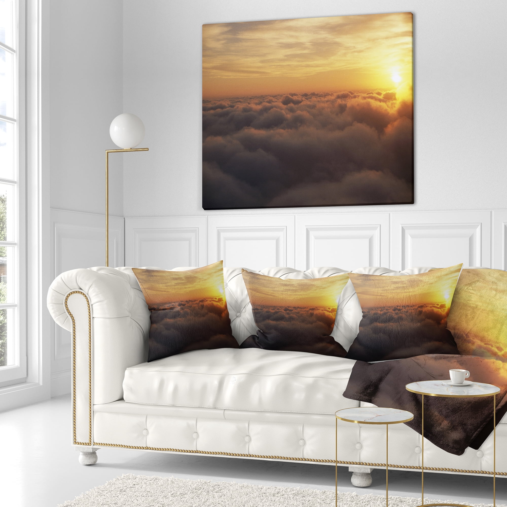 Designart Yellow Sunrise above Clouds - Landscape Printed Throw Pillow - 18x18