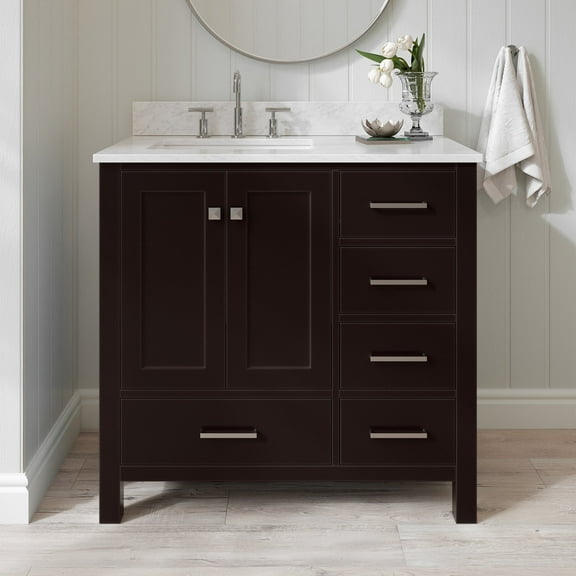 Ariel Cambridge 37 In. Left Offset Rectangle Single Sink Vanity With Carrara White Marble 0.75 In Countertop In Espresso
