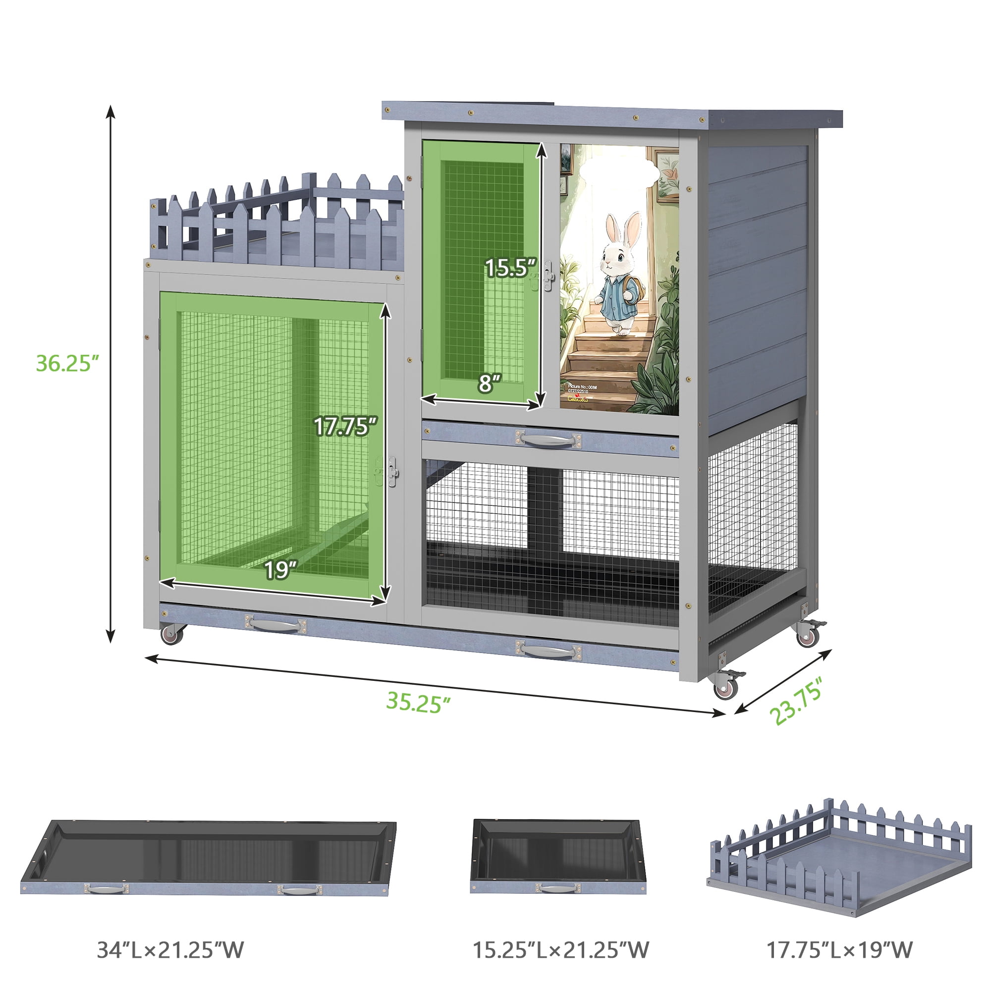 Coziwow Wooden 38inches Rabbit Hutch Bunny Cage Small Animal House with Wheels Indoor&Outdoor, Gray