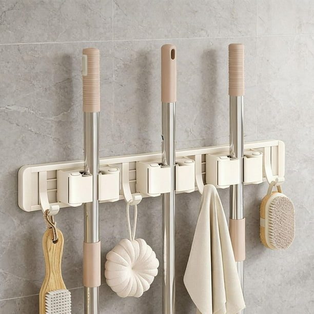 Soporte para trapeador y escoba, colgador de trapeador y escoba de acero al carbono, fácil de usar, resistente, para montaje en pared, antideslizante, 3 estantes 4 ganchos