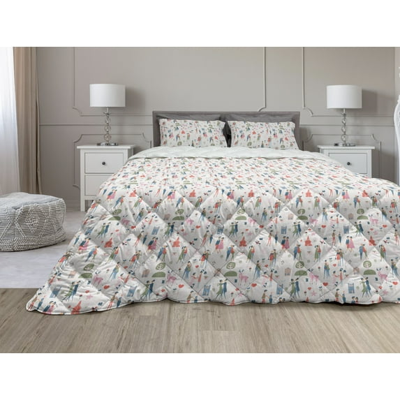 Valentines Day Comforter & Sham Bedding Set, Couples in Various Poses Lovers Proposing Kissing Strolling Vintage Style, 3 pcs Duvet Set Microfiber Filling Quilt, 5 Sizes, Multicolor, by Ambesonne