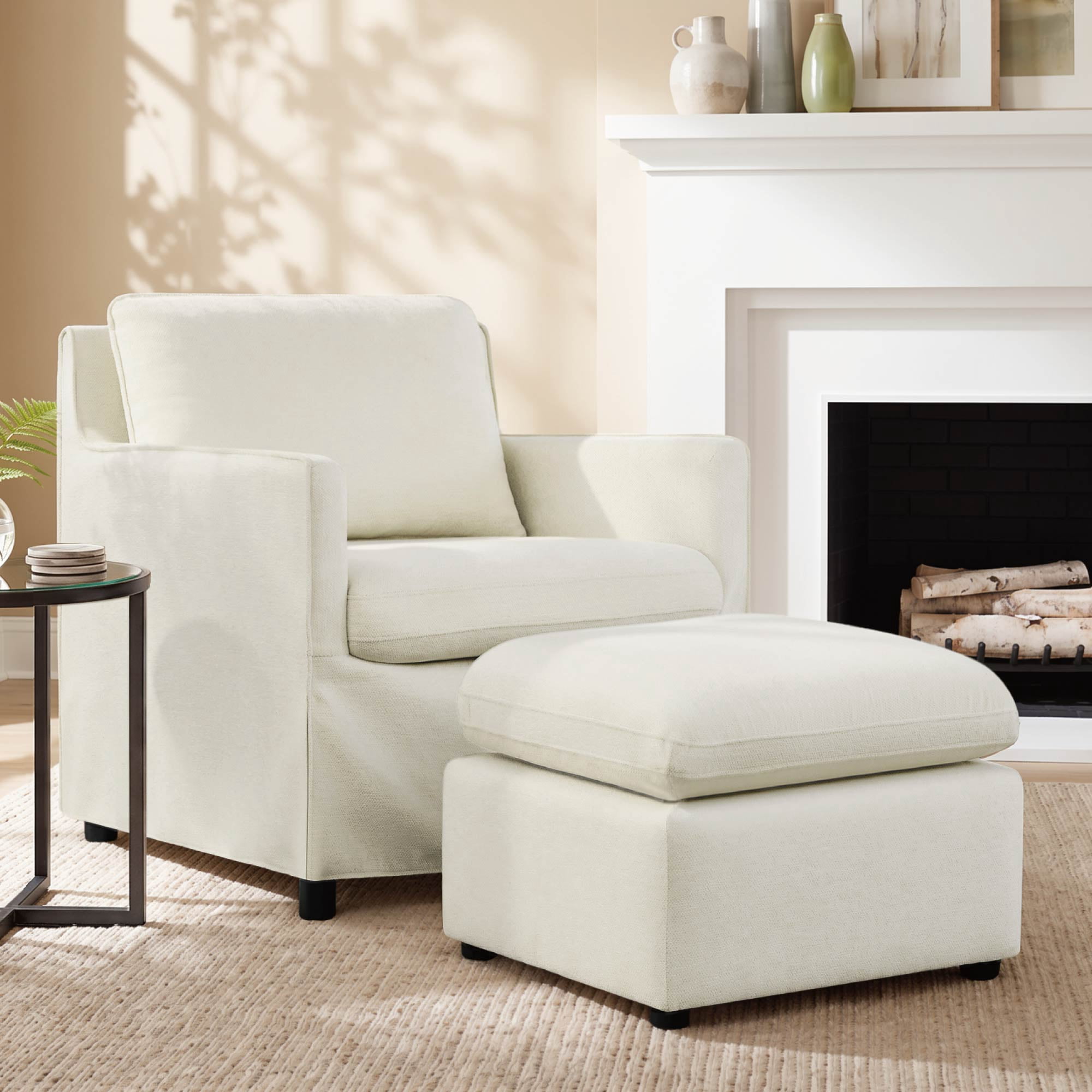 Spruce & Spring Upholstered Ottoman Footstool with Padded Cushion for Living Room and Bedroom, Cream White