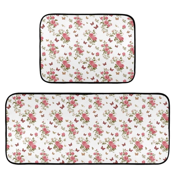 2-Piece Kitchen Mat Set Non Slip Washable Floor Mats Decorative Rugs for Kitchen Sink Laundry Small Butterfly and Rose Pattern
