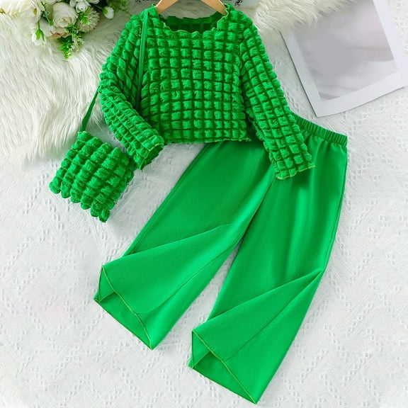 SGFCWSX Girls 3 Piece Set Toddler Winter Outfits Checkered Top, Wide Leg Pants and Bag Sets Green Size 7 Years