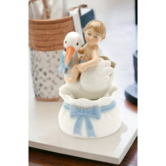 Ceramic Baby Boy Stork Music Box 6 Inch