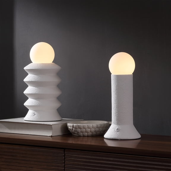 JONATHAN Y Soren 13" Modern Scandinavian Ceramic/Glass Geometric Integrated LED Table Lamp, White (Set of 2), JYL5700A-2SET