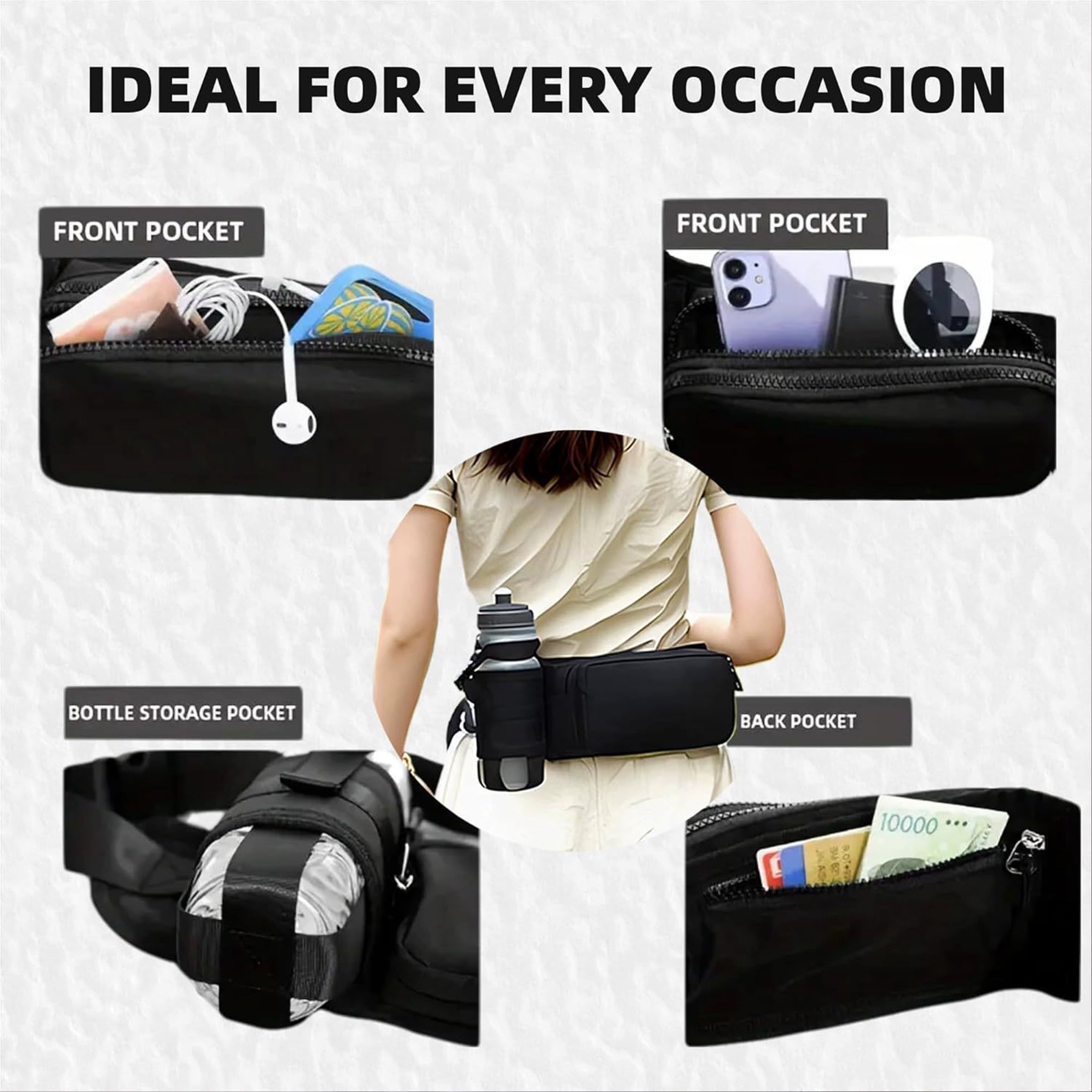 Oxford Cloth Running Belt Pack Large Capacity with Water Bottle Bag Sports Shoulder Pack Adjustable Zipper