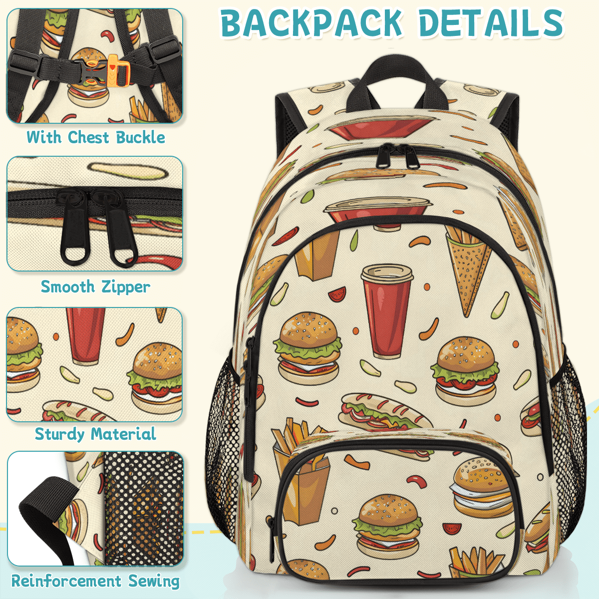 Herdesigns Fast Food Hamburger Laptop Backpack for Women Men, 18.3 Inch Large Computer Backpacks Fashion Teacher Nurse Bag Casual Daypack for Work Travel