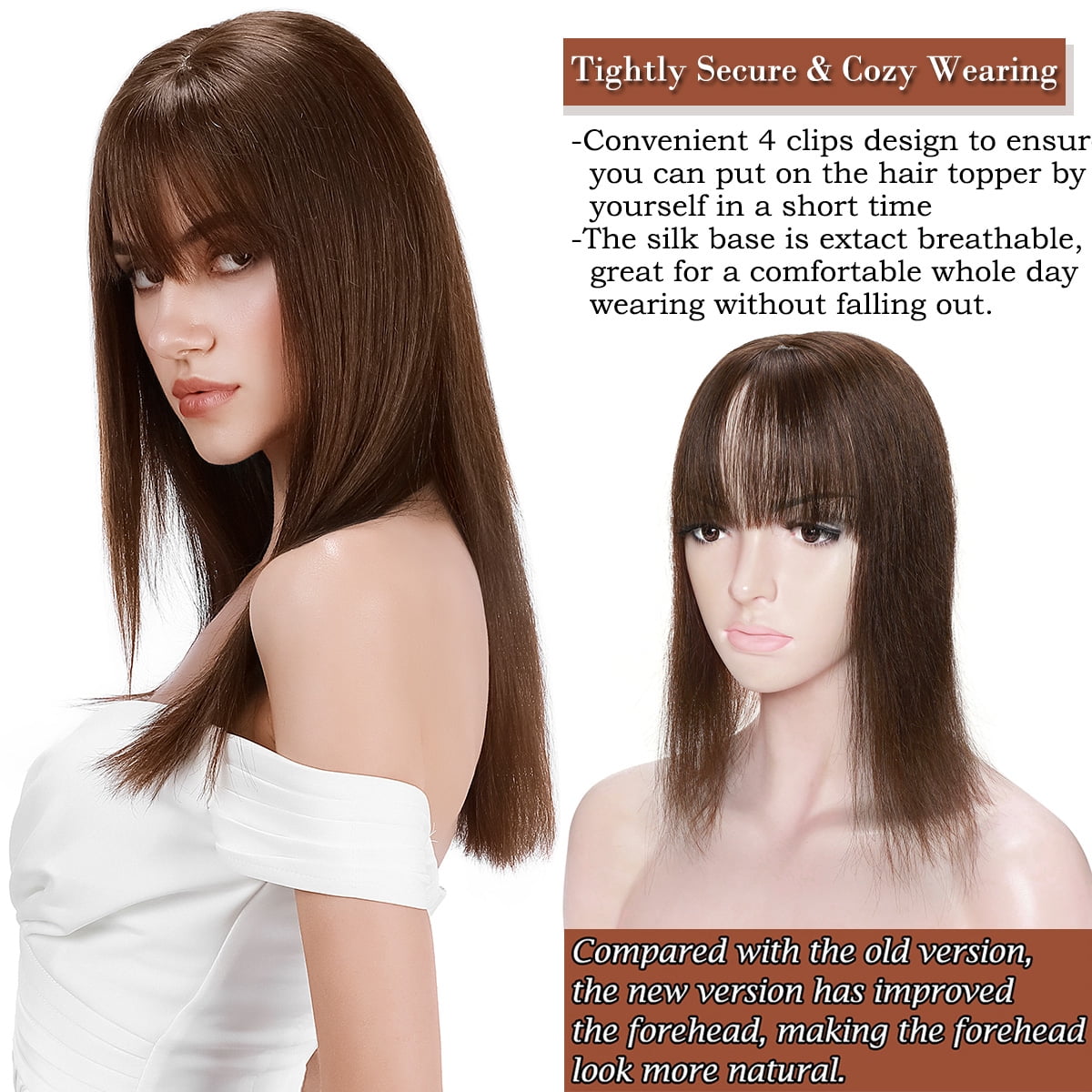 SEGO Clip in Hair Extensions Human Hair Toppers with Bangs 100% Real Human Hair Topper for Thinning/Loss Hair Natural Black Hair Pieces