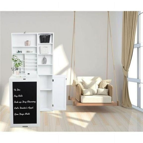 Utopia Alley Collapsible Fold Down Desk Table with Large Storage Cabinet  & Bottom Shelves - Convertible Foldable Desk Furniture with Chalkboard Wall - Computer Desk with Storage - White