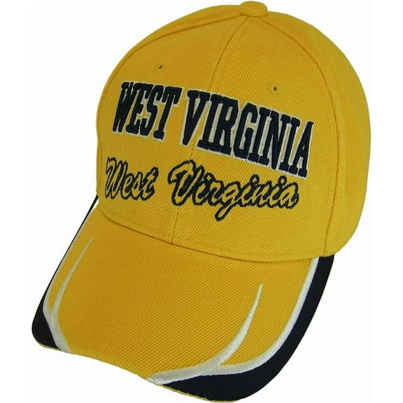 West Virginia Block and Script Lettering Baseball Cap with Embroidered Bill (Gold/Dark Blue)