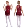 thumbnail image 6 of YiZYiF Kids Girls Shiny Tassel Jazz Latin Dance Dress Leotard Keyhole Back Lyrical Dance Costume Burgundy 12, 6 of 7