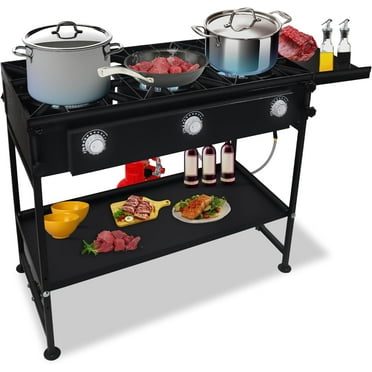 SONRET - Three Burner Propane Outdoor Camping Stove - with Side & Adjustable Bottom Shelf