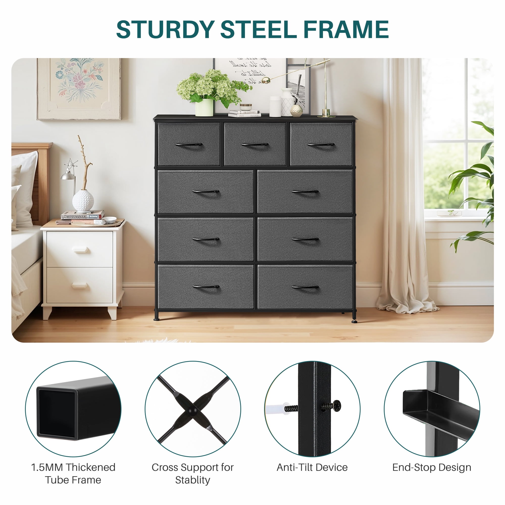 Nextay 9-Drawer Fabric Dresser for Bedroom, Storage Dresser Closet with Steel Frame & Wooden Top for Living Room, Dressing Room, Entryway, Gray