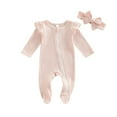 thumbnail image 2 of Emy Dola Infant Girls Clothes Set Newborn Baby Romper Bowknot Headband Ribbed Knit Ruffle Long Sleeve Button Solid Bodysuit Jumpsuit, 2 of 8