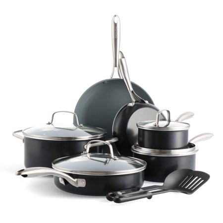 GreenPan Swift 12 Piece Cookware Pot and Pans Set, PFAS & PFOA-Free Healthy Ceramic Nonstick, Stainless Steel Handle, Versatile Cooking Essentials, Dishwasher & Oven Safe, Gray