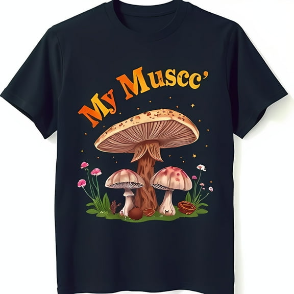 Vintage Mushroom Graphic T-Shirt Playful 'My Muscc' Design on Black Tee
