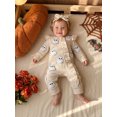 thumbnail image 6 of RUINIXCW Newborn Baby Girl Halloween Outfit Infant Baby Girl Fall Winter Clothes Waffled Romper Pumpkin Ghost Embroidery Ruffled Long Sleeve Zipper Jumpsuits Headband Set, 6 of 9