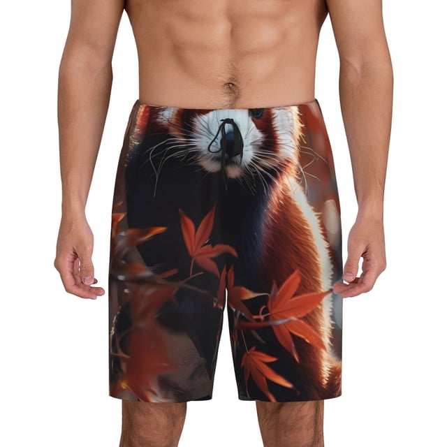 Vsdgher Panda Rouge Branches d'Automne Imprimé Shorts de Pyjama pour Hommes Bas de Détente Shorts de Sommeil Taille Élastique Shorts de Pyjama Légers avec Poches-Grand