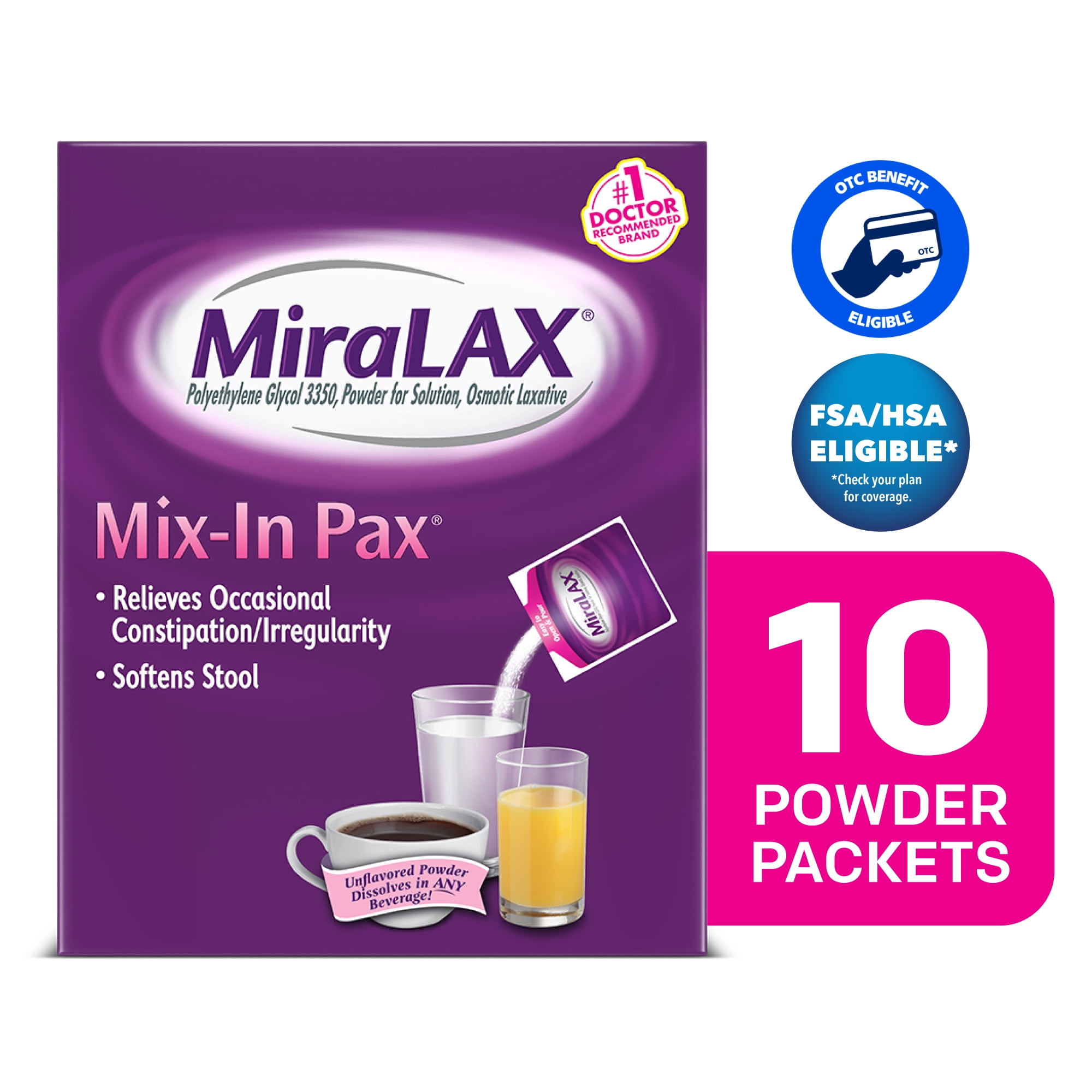 MiraLAX Mix-in Pax, Constipation Relief, Laxative, No Sudden Urgency, 10 Single Doses