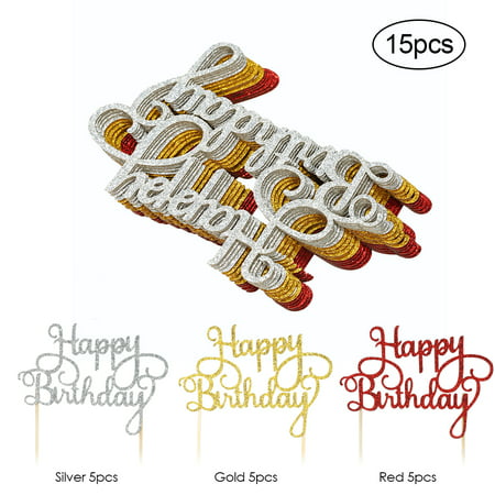 15pcs Glitter Paper Happy Birthday Cake Topper Cupcake Dessert Decoration Supplies for Birthday Party Celebration--Mix