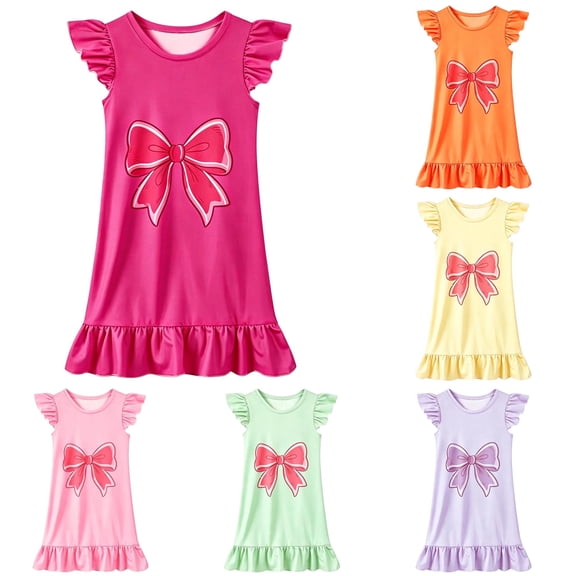 Ticikt Girls Nightgown, Ruffle Fly Sleeve Cartoon Print Sleep Dress, Soft Cute Casual Loungewear for Kids,Hot Pink