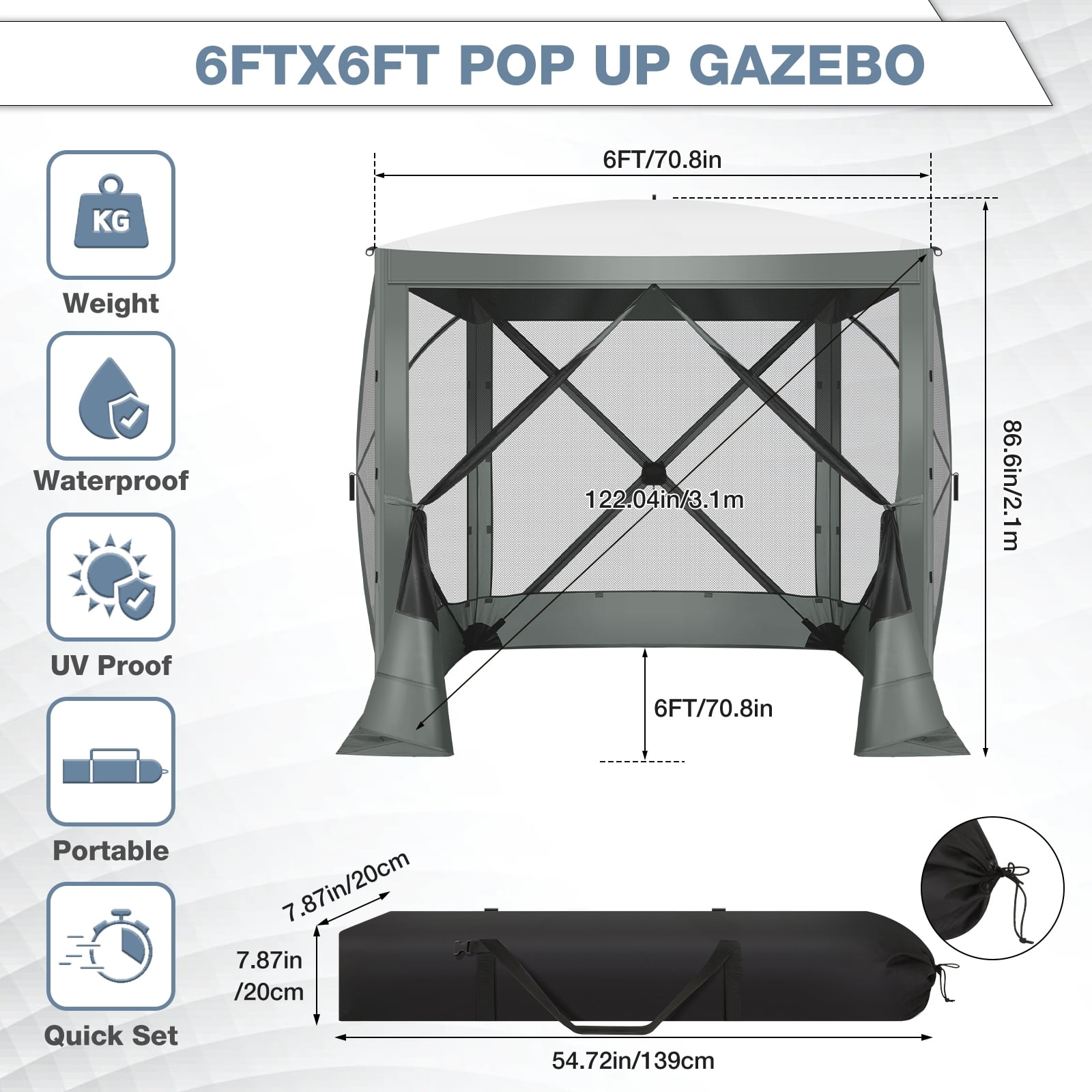 COBIZI 8x8 Pop up Gazebo, Ez up Screen Tent, Portable Outdoor Canopy Sun Shelter with Carry Bag & Ground Stakes for Camping, Garden and Picnics, Gray