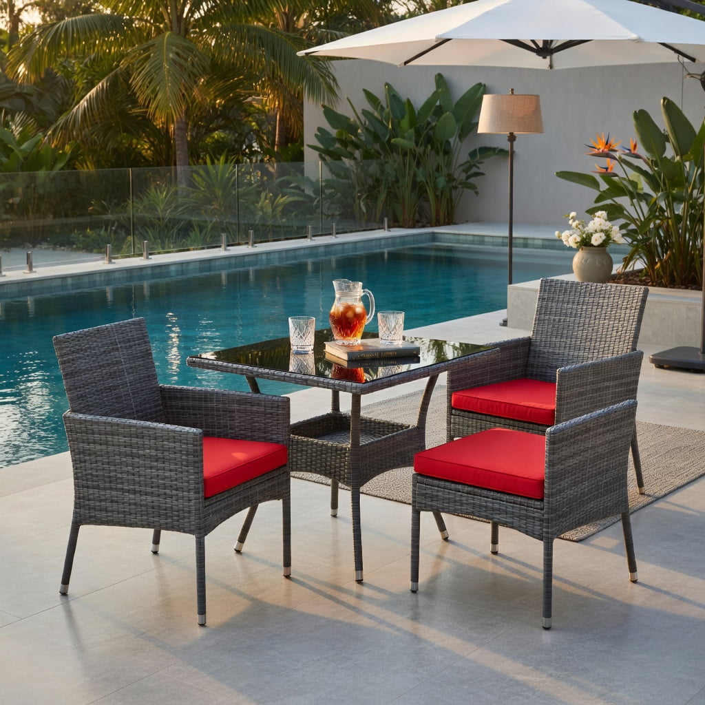Hommoo 3-Piece Outdoor Rattan Patio Furniture Set, Steel Frame Sofa & Table with Washable Cushions, Red