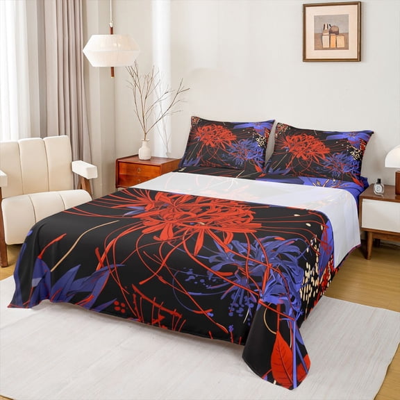 Castle Fairy Red Spider Lily Twin Sheet Sets 3pcs for Boys Girls,Chic Floral Blossoms Twin Fitted Sheet Microfiber,Exotic Style Breathable Flat Sheet,Luxury Bedroom Decor
