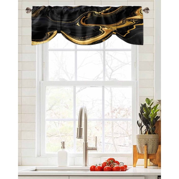 Tie Up Valance Curtain for Kitchen,Black Marble Fluid Art Rod Pocket Short Curtains Adjustable Tie-Up Shade Valances,Gold Foil Window Treatment for Bathroom Living Room Bedroom