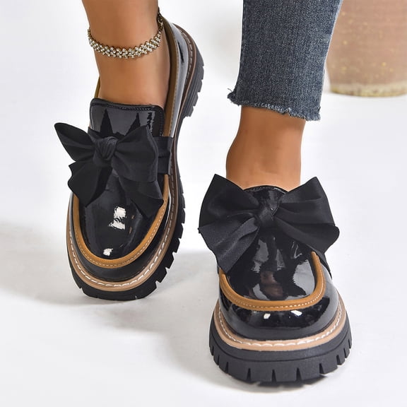 Bow Womens Orthopedic Shoes, Women's Bowknot Thick Sole Loafers,Work Office Business Casual Spring Fall Casual Patent Leather Dress Shoes,Cushioned Platform Chunky Heel Lug Sole Daily Wear, Black 5.5