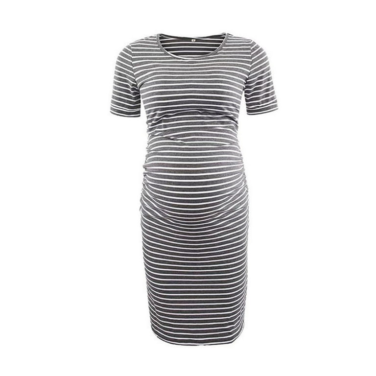 Lolmot Bodycon Maternity Dress Womens Casual Short Sleeve Striped Tshirt  Dress Comfy Daily Knee Length Side Ruched Pregnancy Clothes for Baby Shower