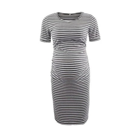 

Pregnant Women Summer Short-Sleeve Breast-feeding Dress Fashion Versatile Stripe Print Crew Neck Dress Casual Slim Nursing Dress for Maternity