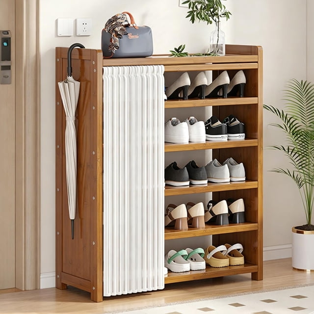 Zapateros Independiente De 6 Niveles, Organizador De Zapatos De Bambú, Estante para zapatos con cortina, para Sala de Estar, Dormitorio, Recibidor, Vestíbulo y Pasillo