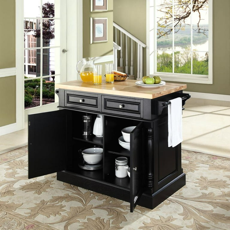 Oxford Black Finish Kitchen Island with Butcher Block Top and Wood
