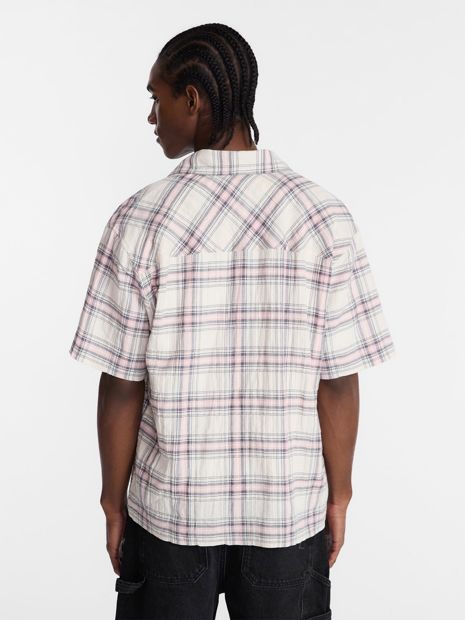 No Boundaries Textured Plaid Button Front Shirt with Short Sleeves, Men's XS-5XL
