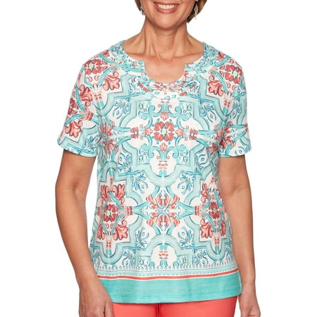 Alfred Dunner Womens Costal Drive Medallion Print Top